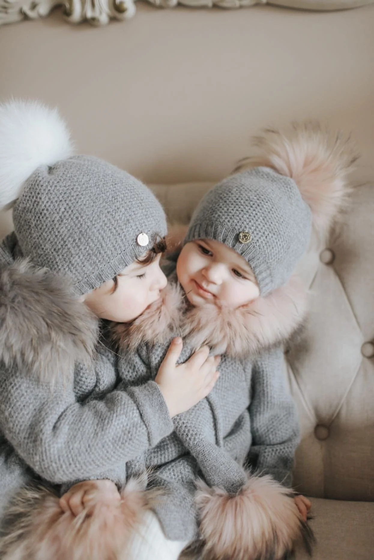 Honeycomb Grey Cashmere Beanie Hats - Pink Pom - Image 7