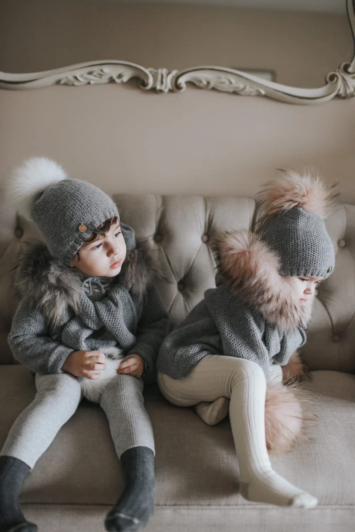Honeycomb Grey Cashmere Beanie Hats - Pink Pom - Image 9