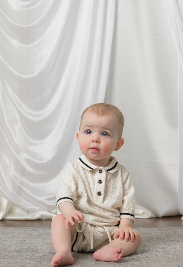 Brody Ivory with Black Trim Cotton Polo Top and Shorts Set - Image 2