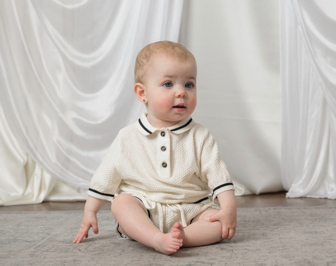Brody Ivory with Black Trim Cotton Polo Top and Shorts Set - Image 3