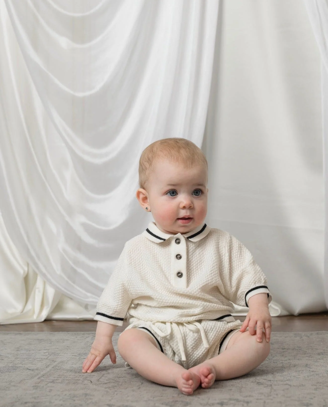 Brody Ivory with Black Trim Cotton Polo Top and Shorts Set - Image 4