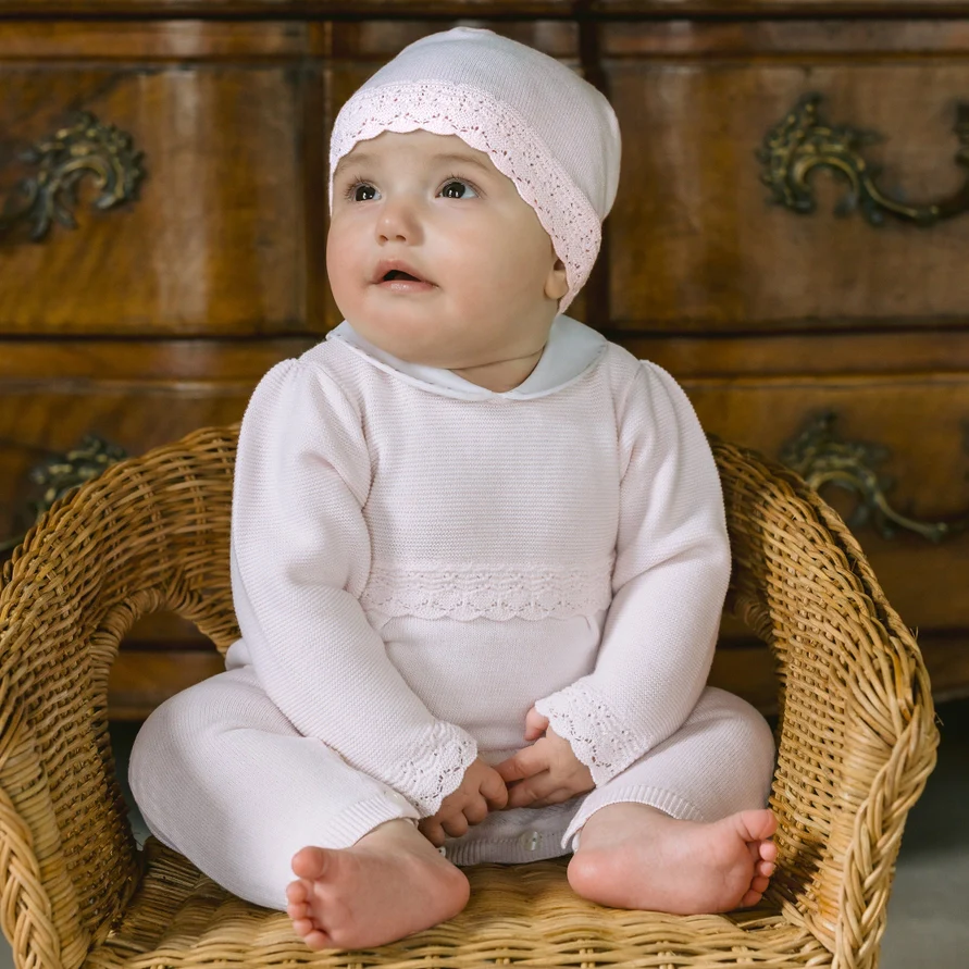 Kat Girls Pink Cotton Knitted All in One & Hat Set - Image 2