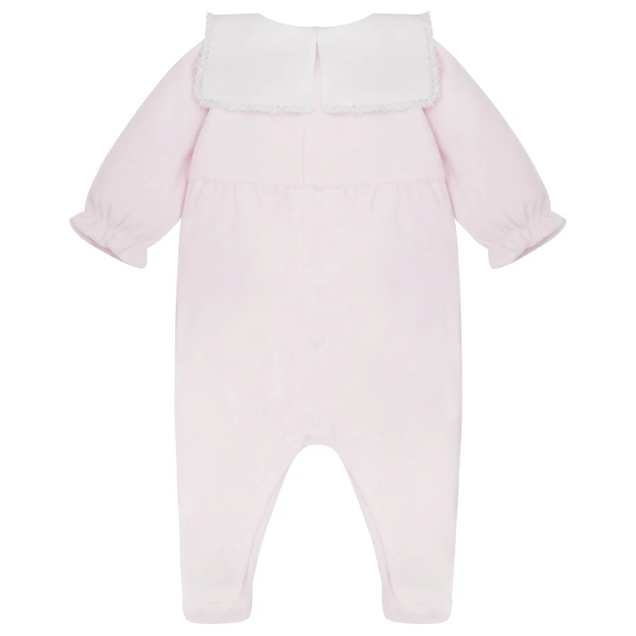 Katie Baby Girls Pink Velour Babygrow - Image 2