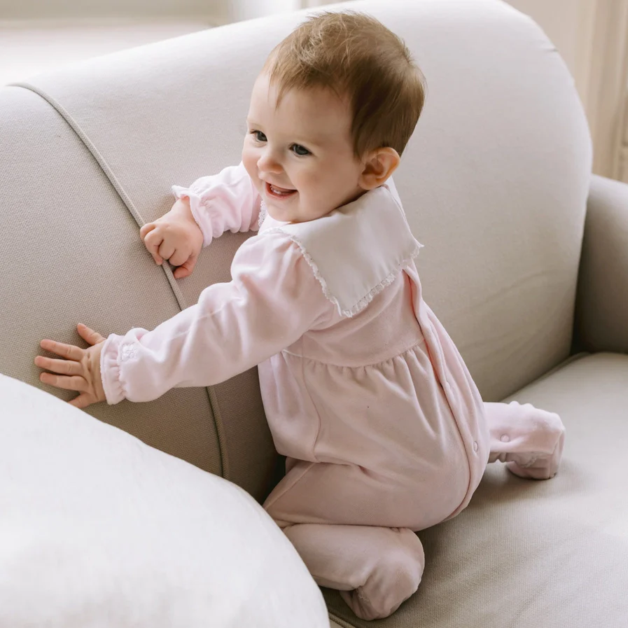 Katie Baby Girls Pink Velour Babygrow - Image 6