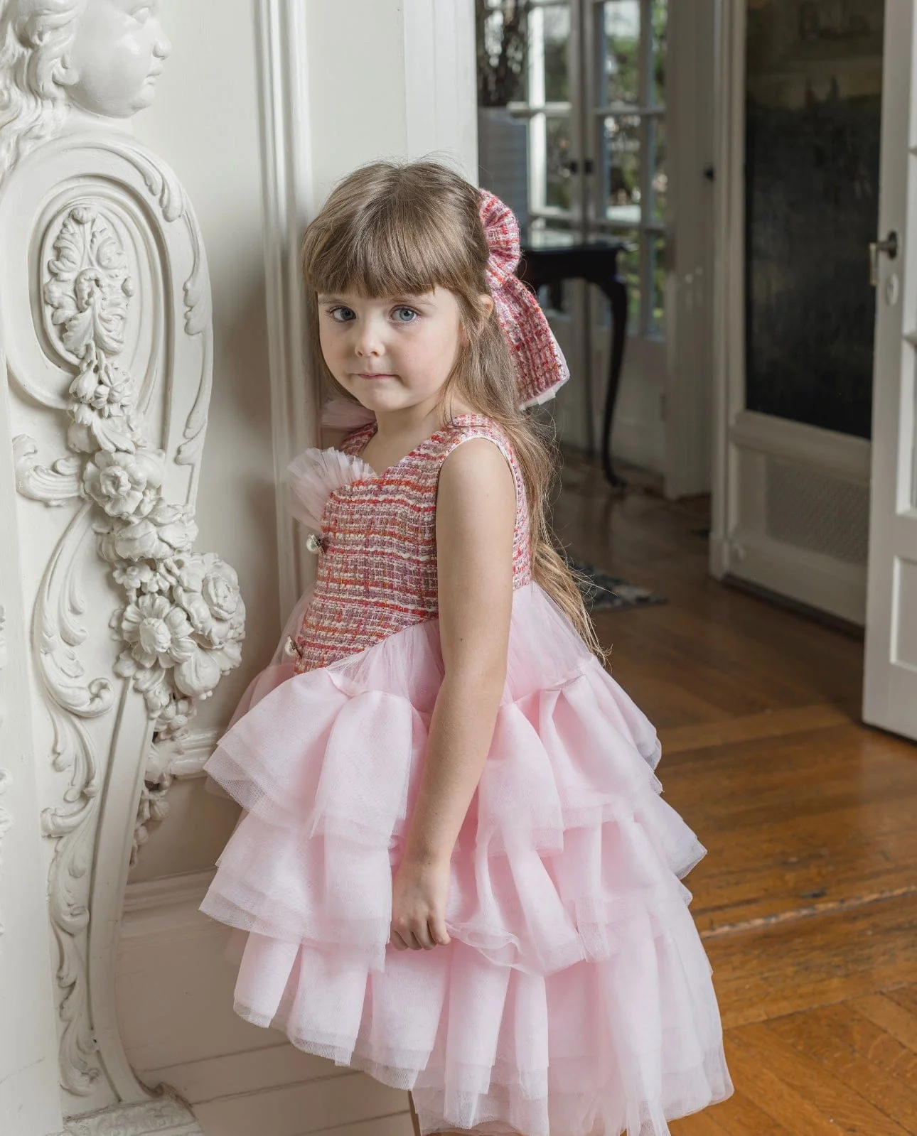 Kellie Pink Tweed Hair Bow - Image 3
