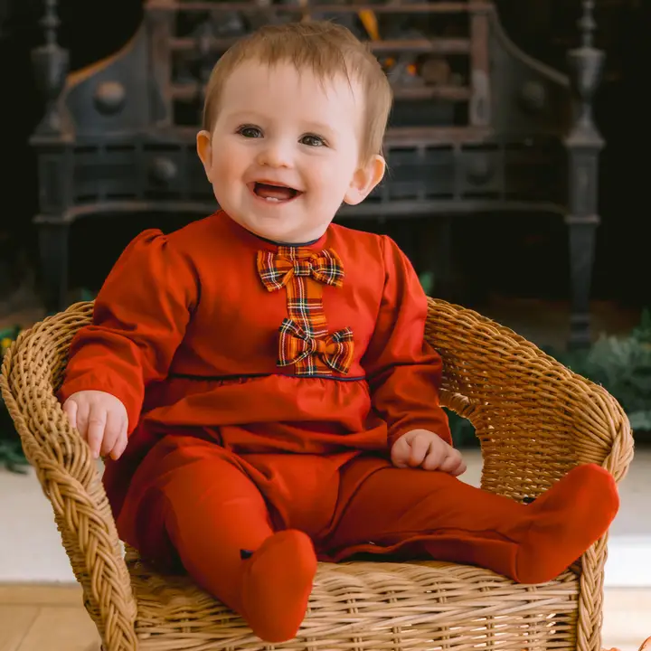 Kiki Girls Red Tartan Bow Christmas Babygrow - Image 2