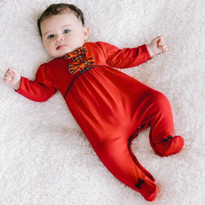 Kiki Girls Red Tartan Bow Christmas Babygrow - Image 3