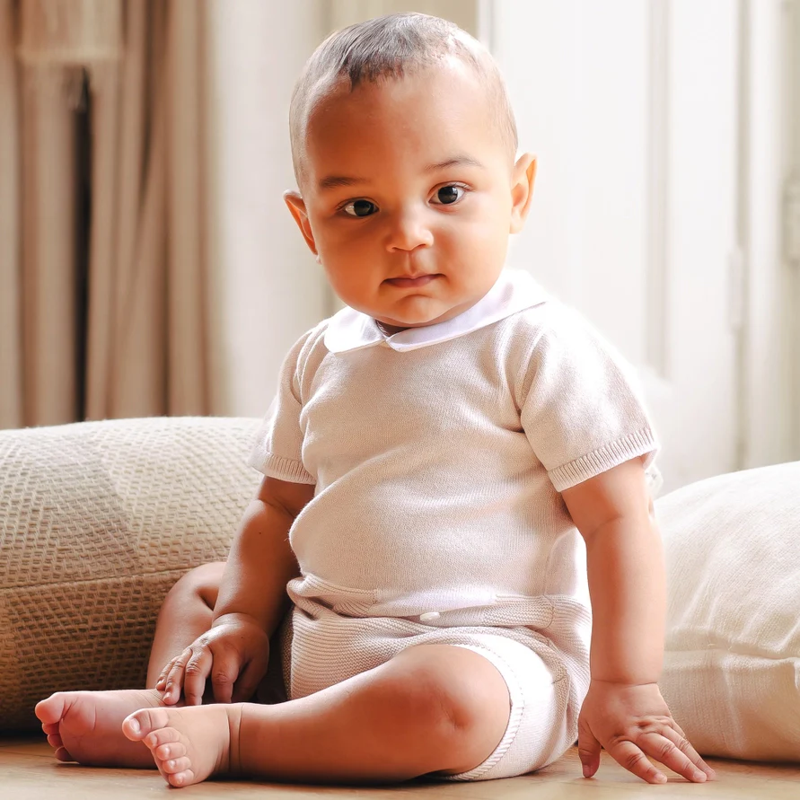 Logan Boys Beige Knit Pocket Detail Romper - Image 3