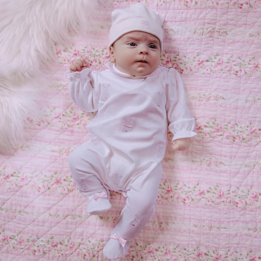 Lucy Girls White Bunny Embroidery Babygrow & Hat Set - Image 2