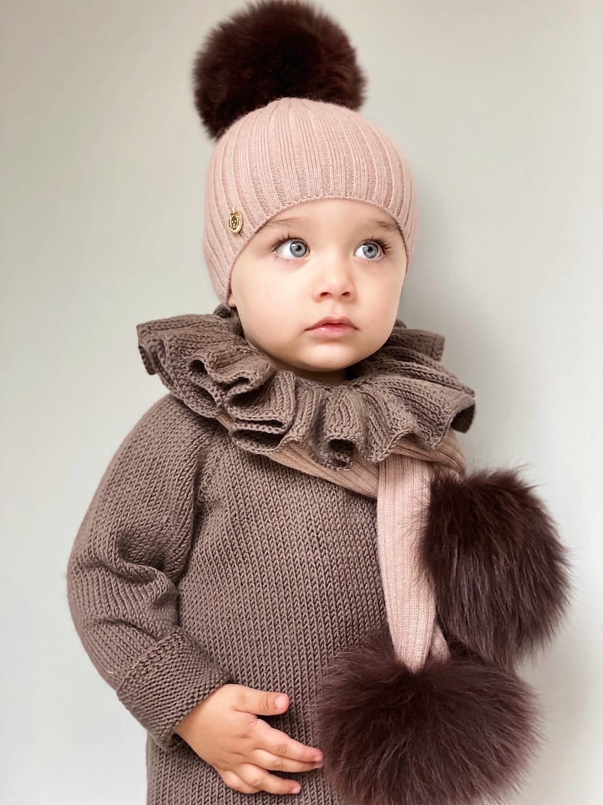Misha Ribbed Angora Scarf Brown Fur Poms - Image 2