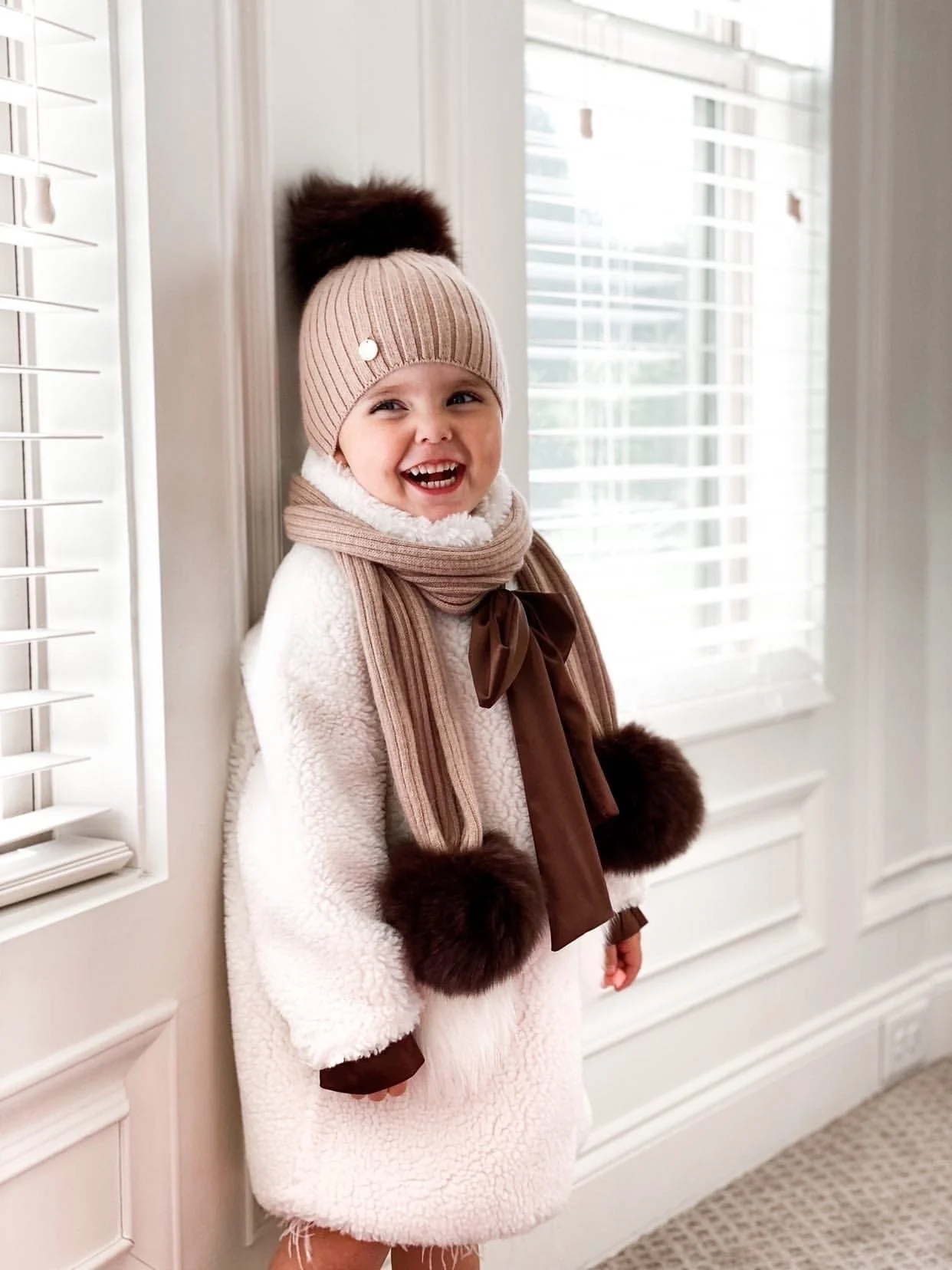 Misha Ribbed Angora Scarf Brown Fur Poms - Image 5