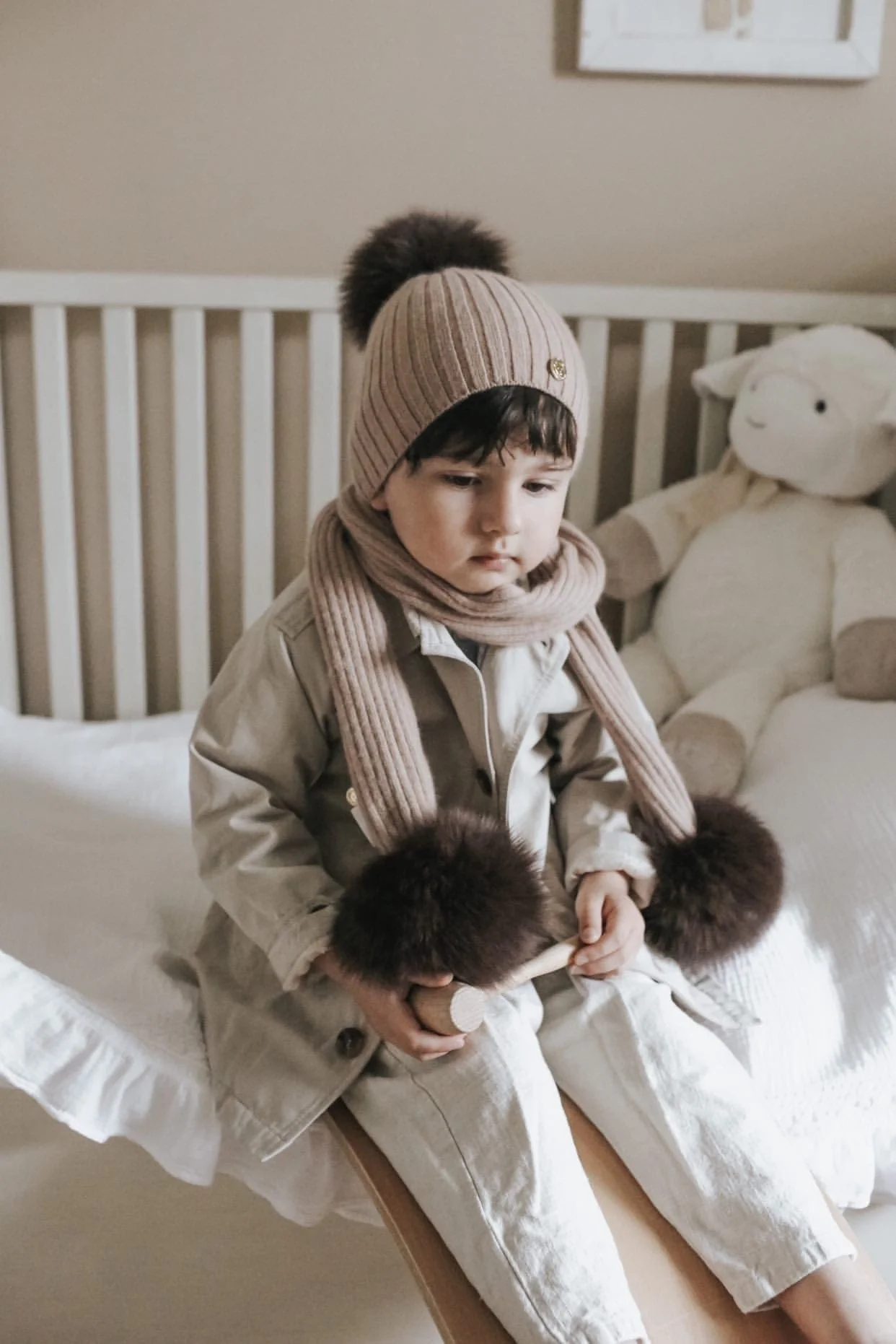 Misha Ribbed Angora Scarf Brown Fur Poms - Image 8