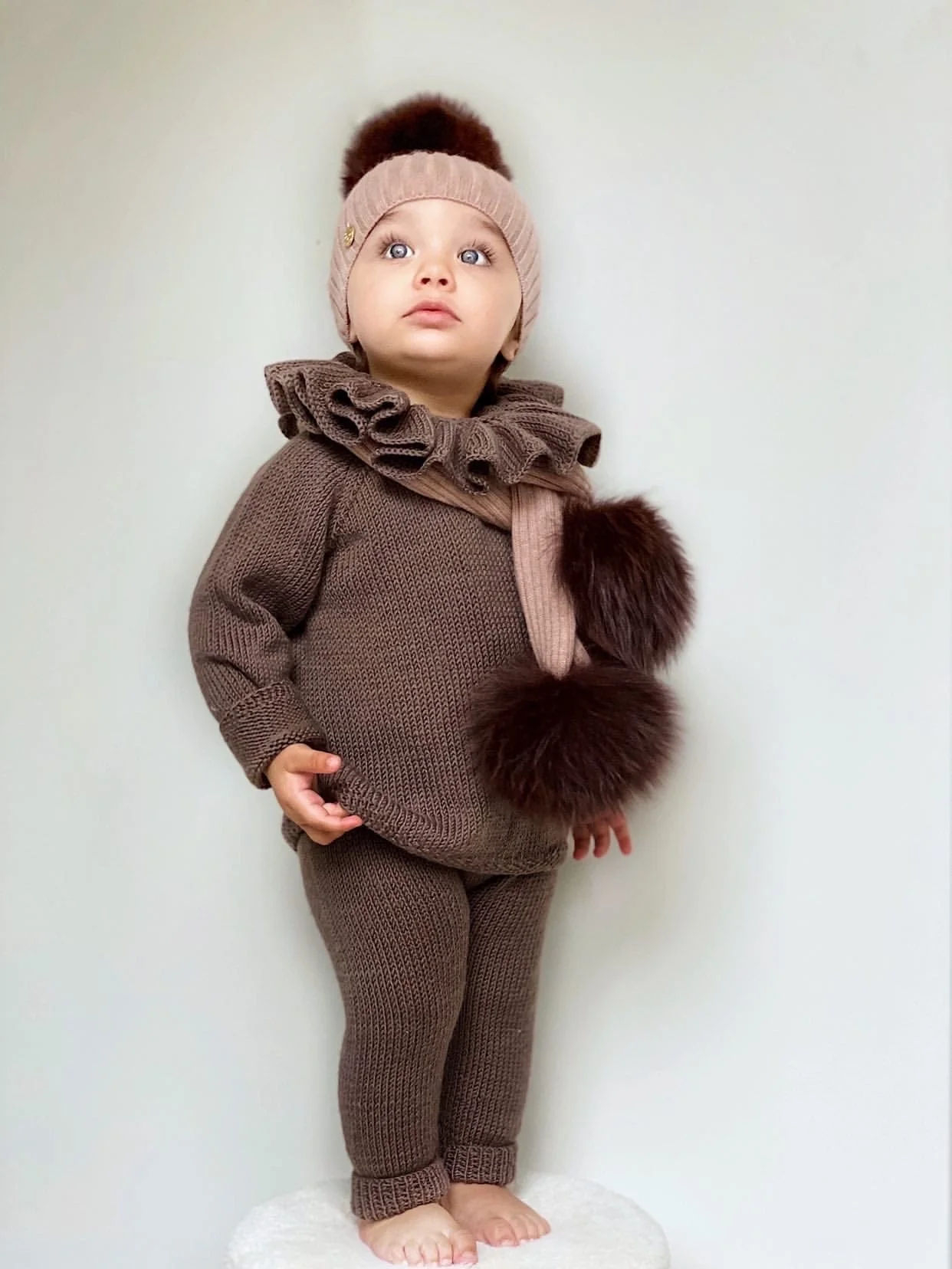 Misha Ribbed Angora Scarf Brown Fur Poms - Image 9