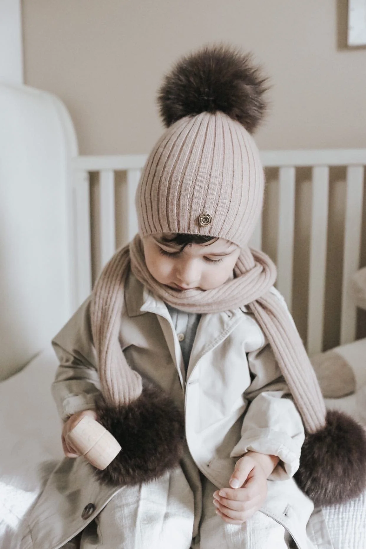 Misha Ribbed Angora Hat Brown Fur Pom - Image 6