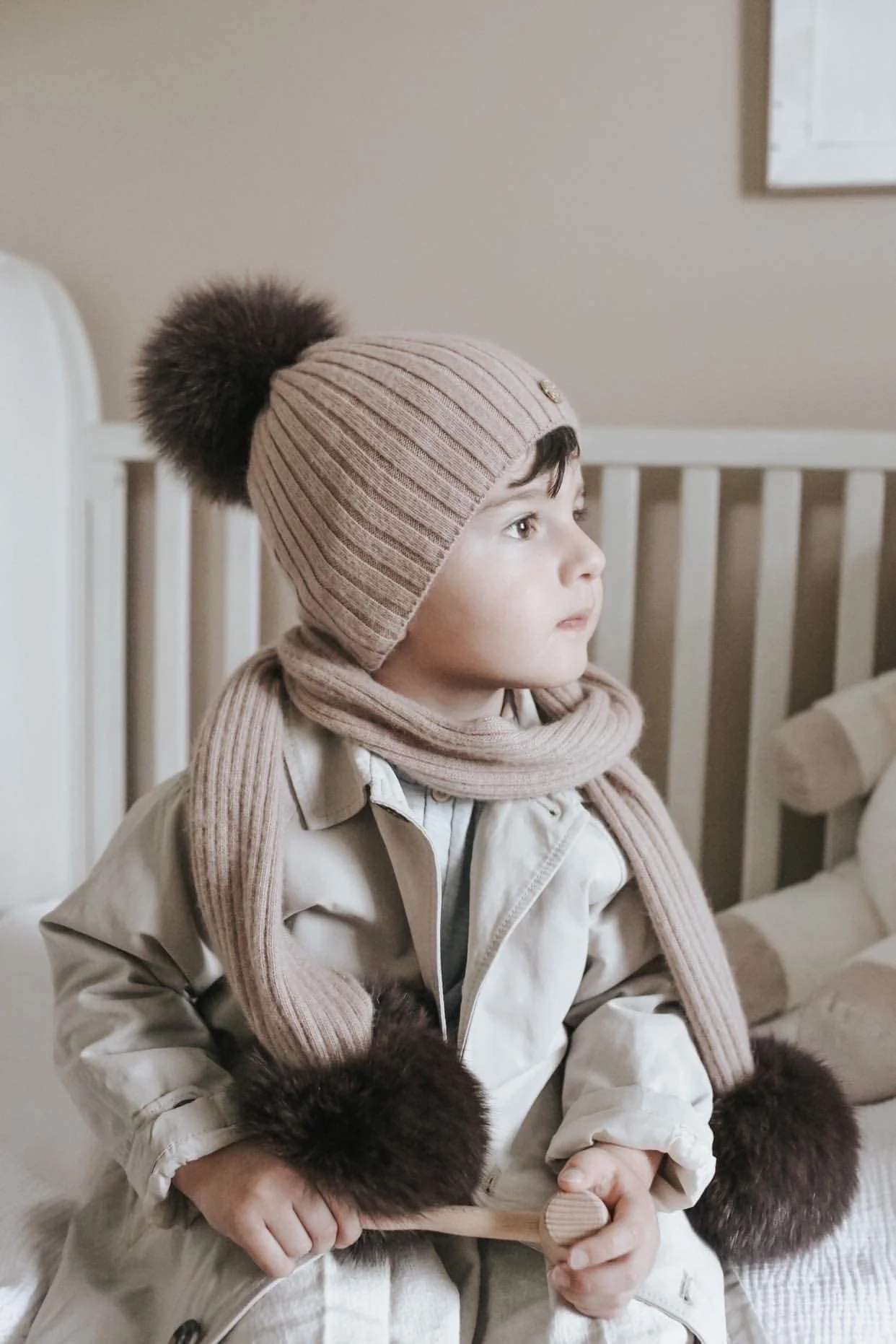 Misha Ribbed Angora Hat Brown Fur Pom - Image 7