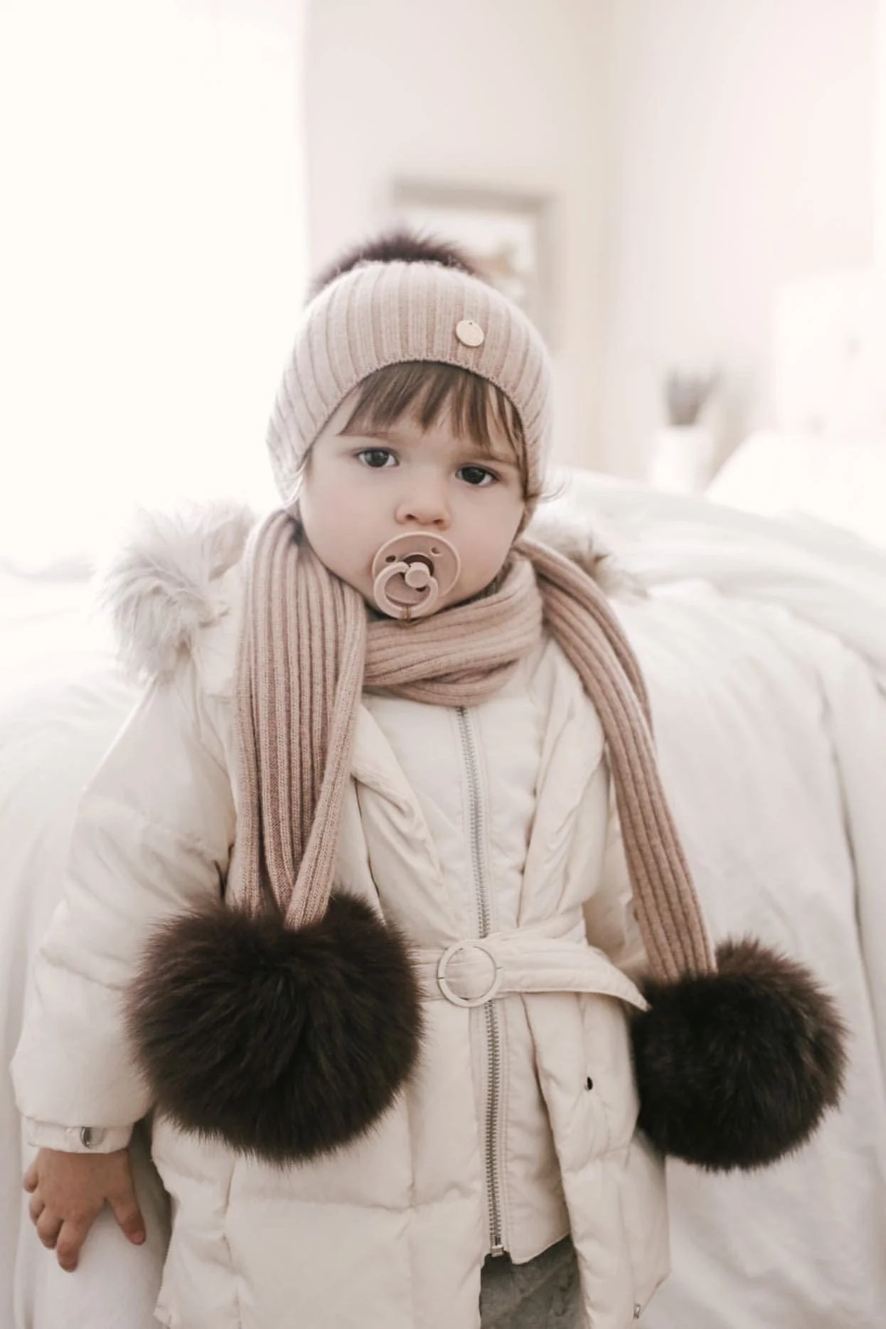 Misha Ribbed Angora Hat Brown Fur Pom - Image 8