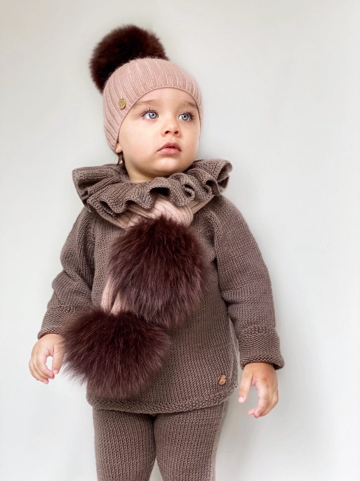 Misha Ribbed Angora Hat Brown Fur Pom - Image 9