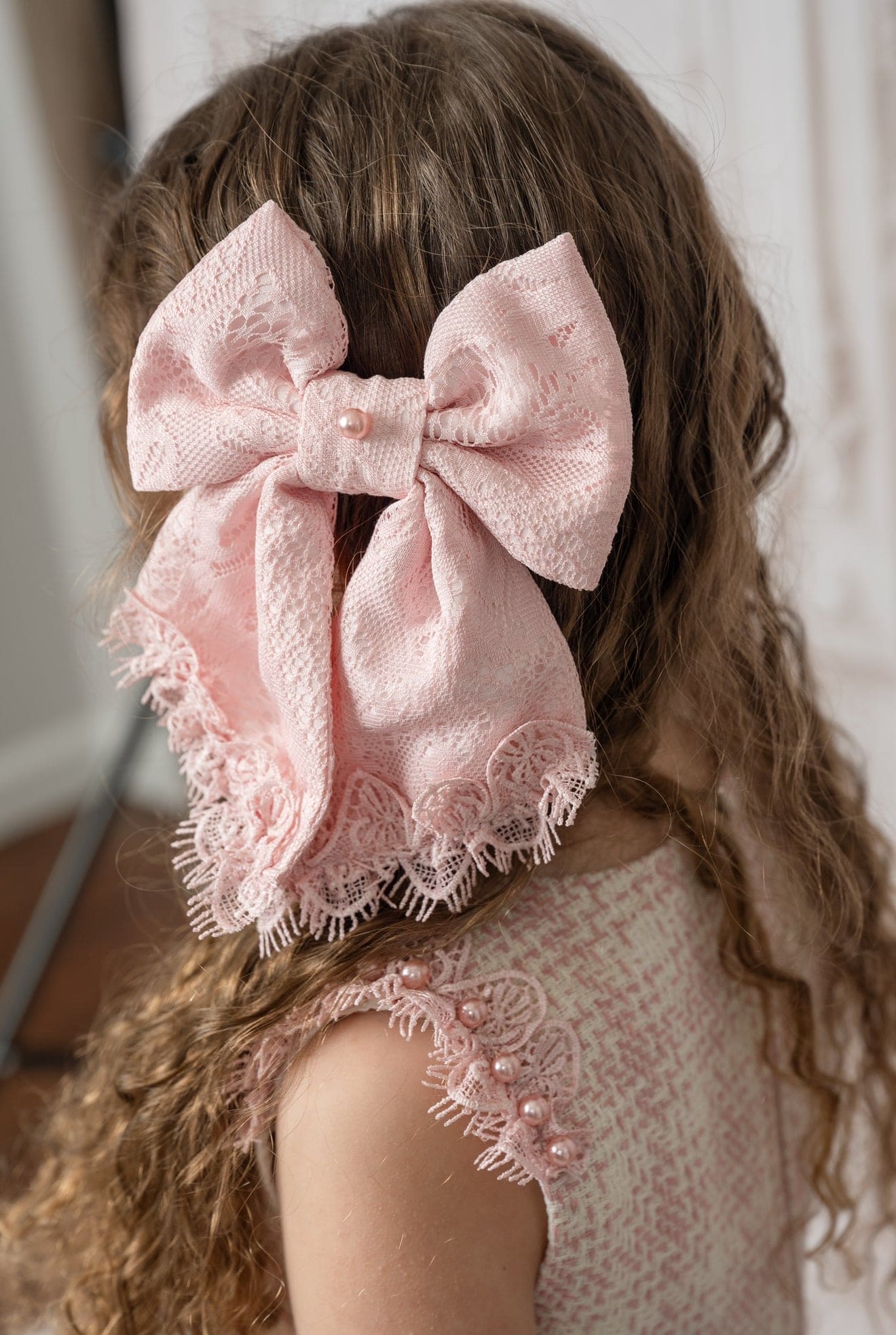 Molly Pink Lace Hair Bow - Image 3