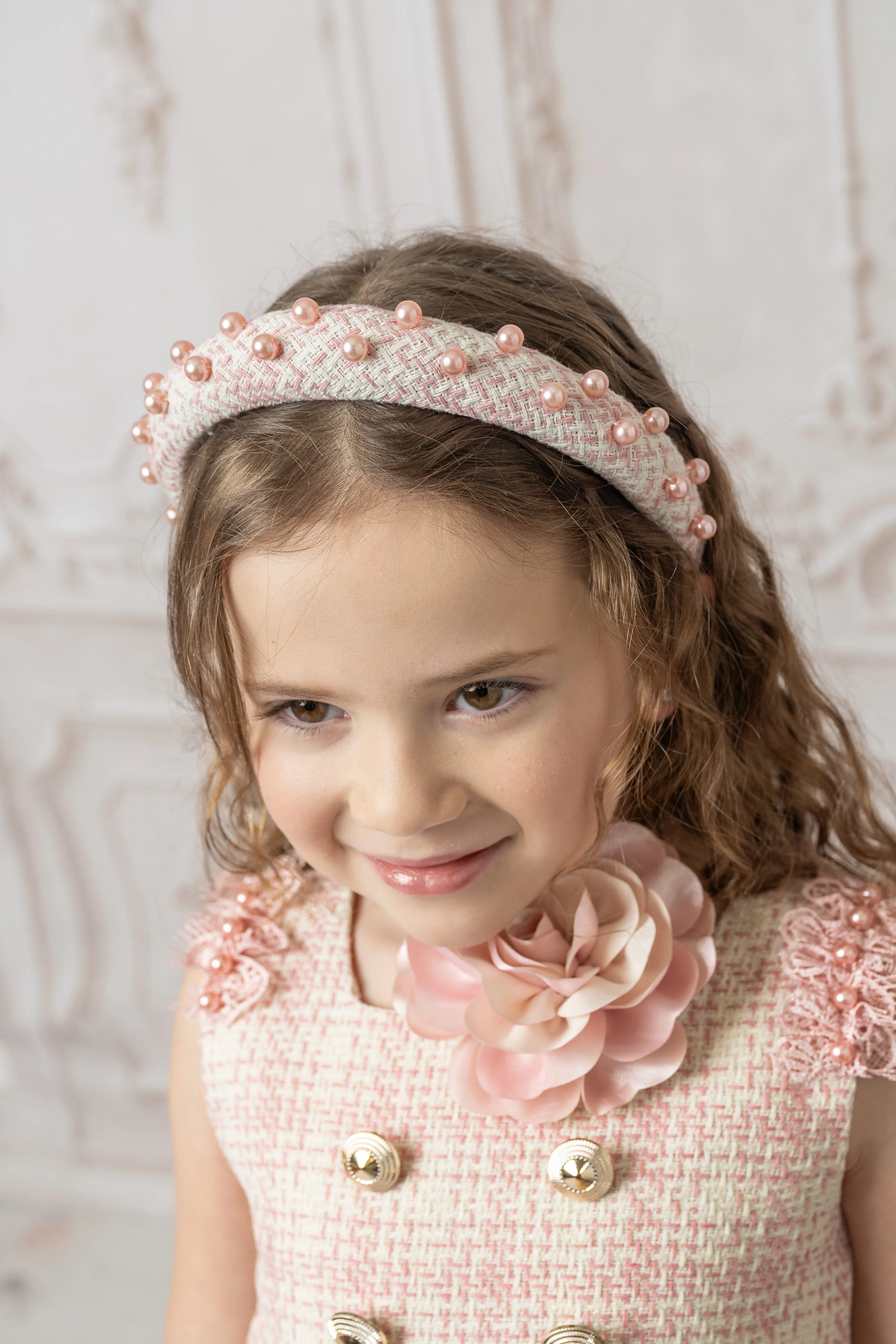 Molly Pink Tweed And Pearls Headband - Image 2