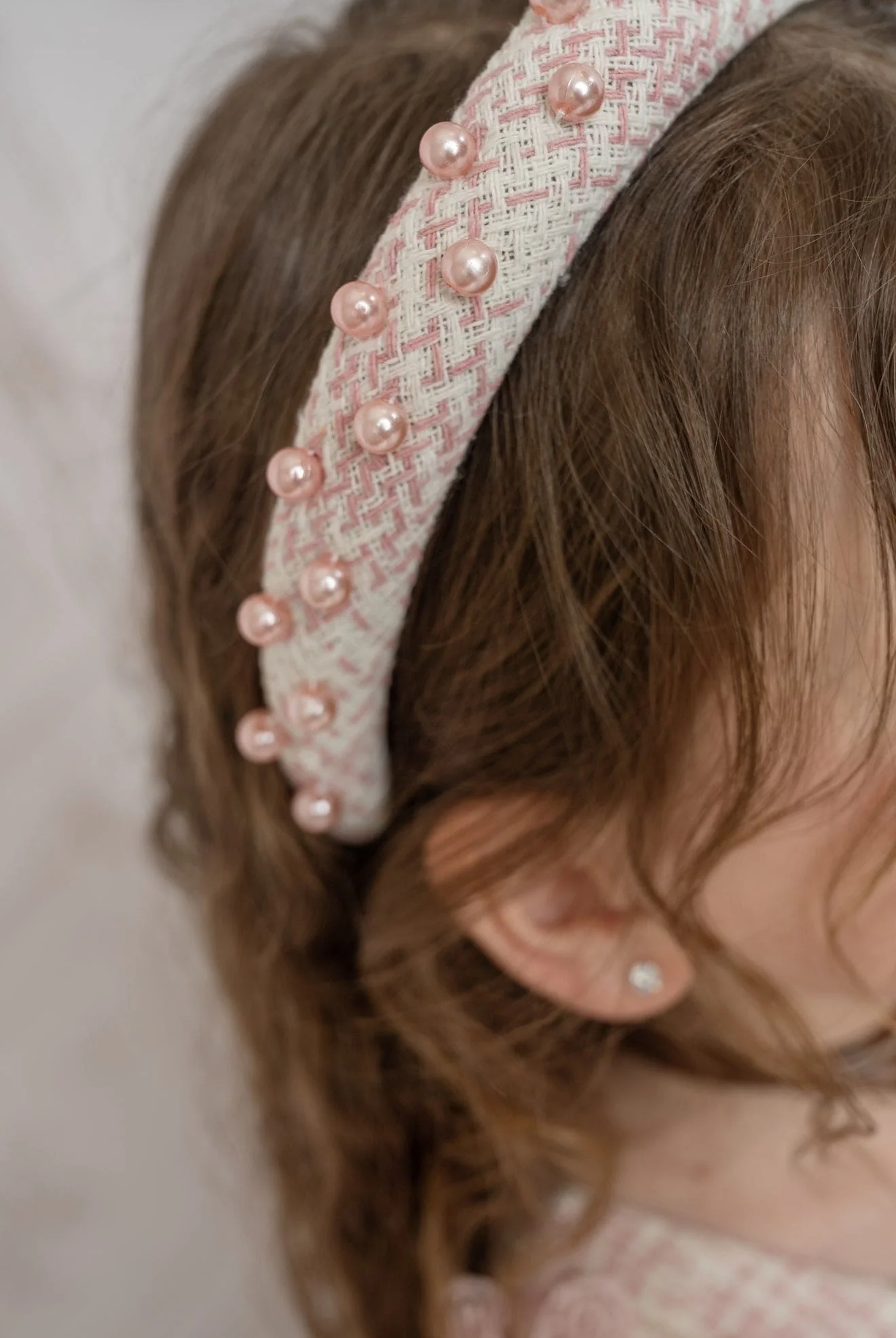 Molly Pink Tweed And Pearls Headband - Image 3