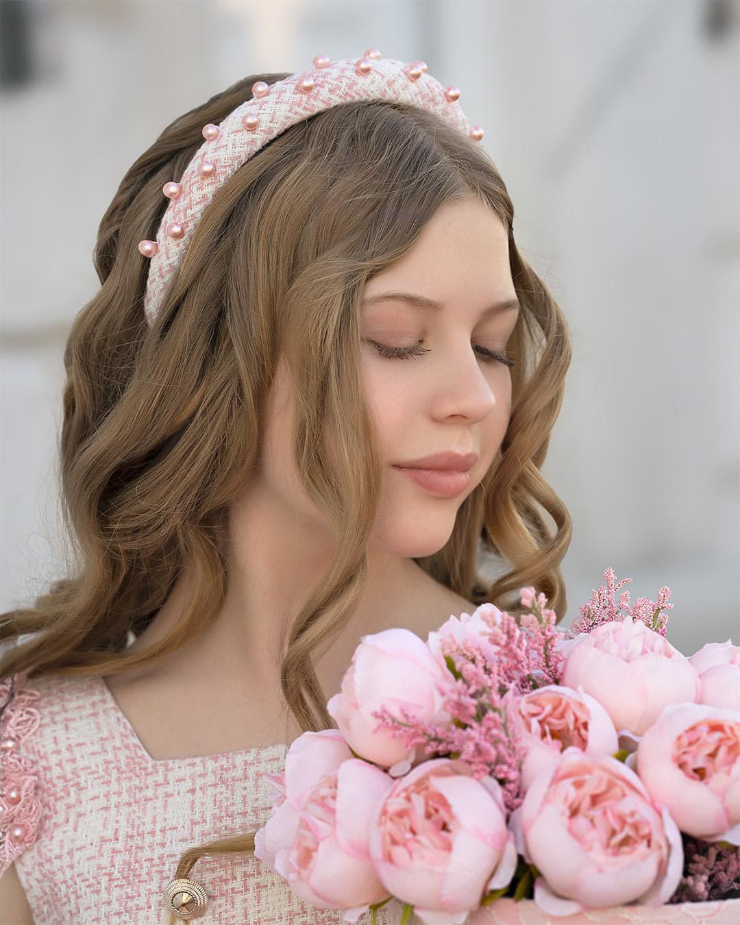 Molly Pink Tweed And Pearls Headband - Image 6