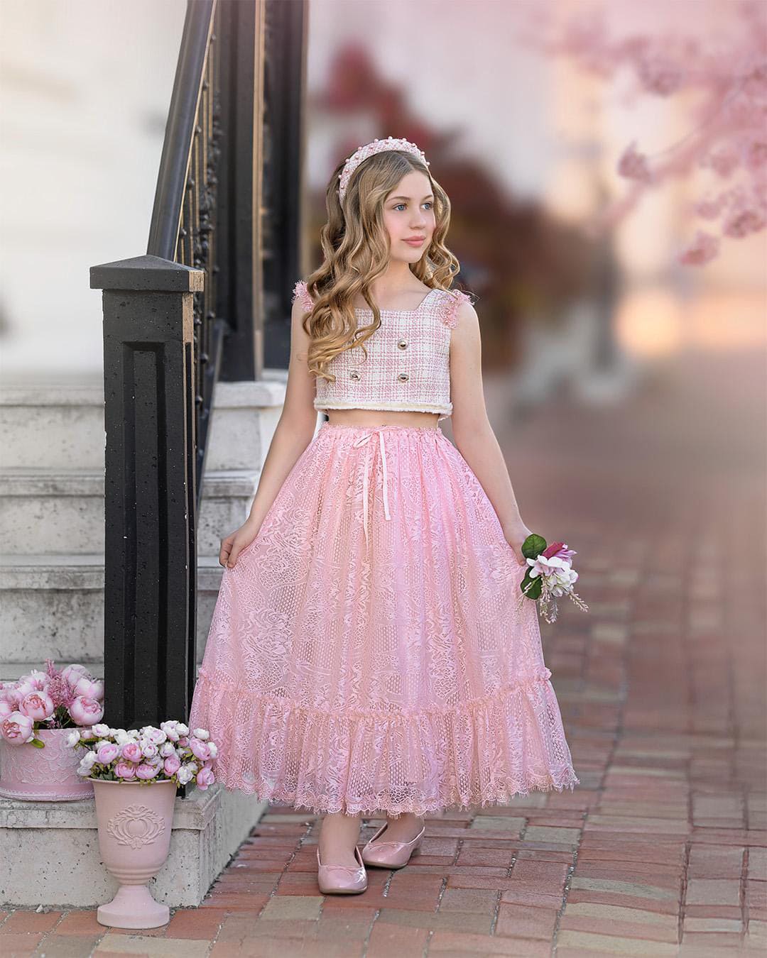Molly Pink Tweed Top and Lace Skirt Set - Image 13