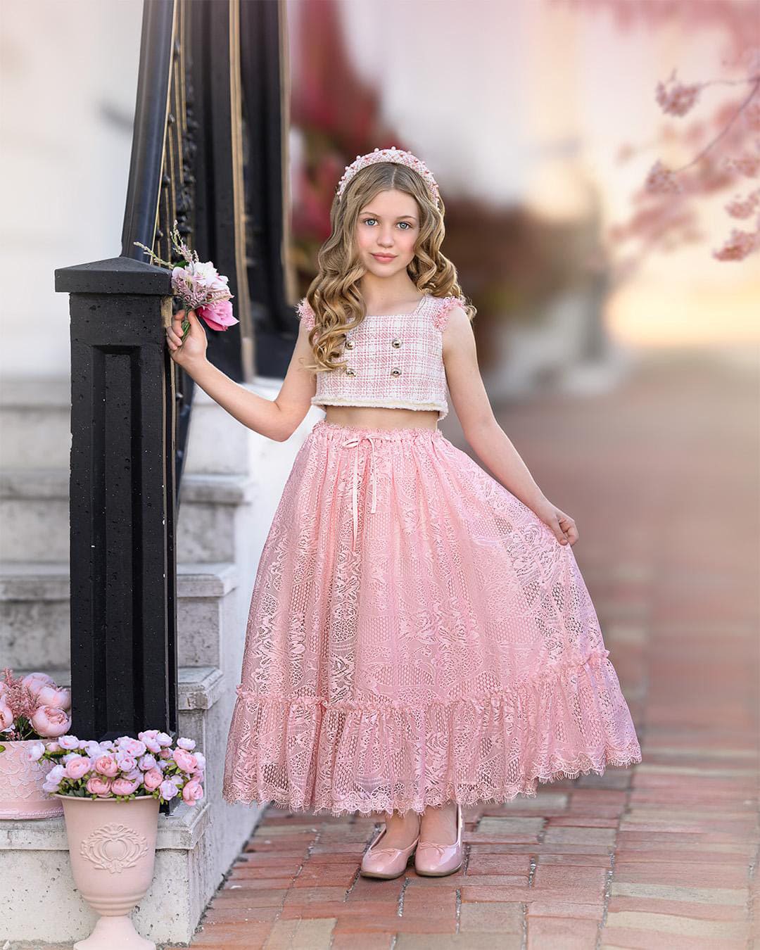 Molly Pink Tweed Top and Lace Skirt Set - Image 16