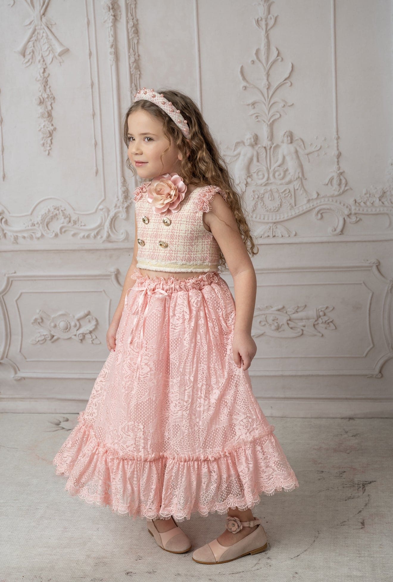 Molly Pink Tweed Top and Lace Skirt Set - Image 2