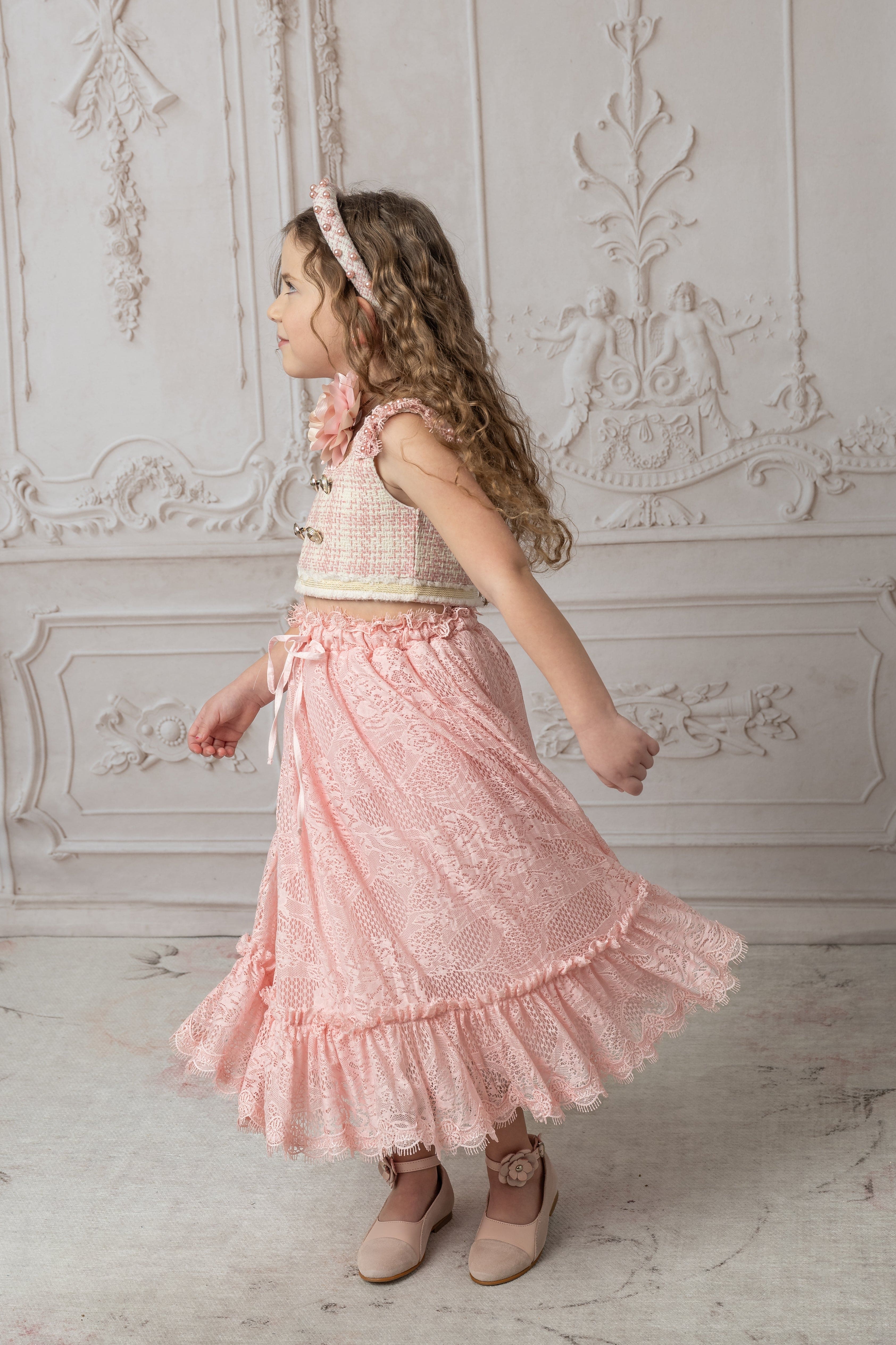 Molly Pink Tweed Top and Lace Skirt Set - Image 4