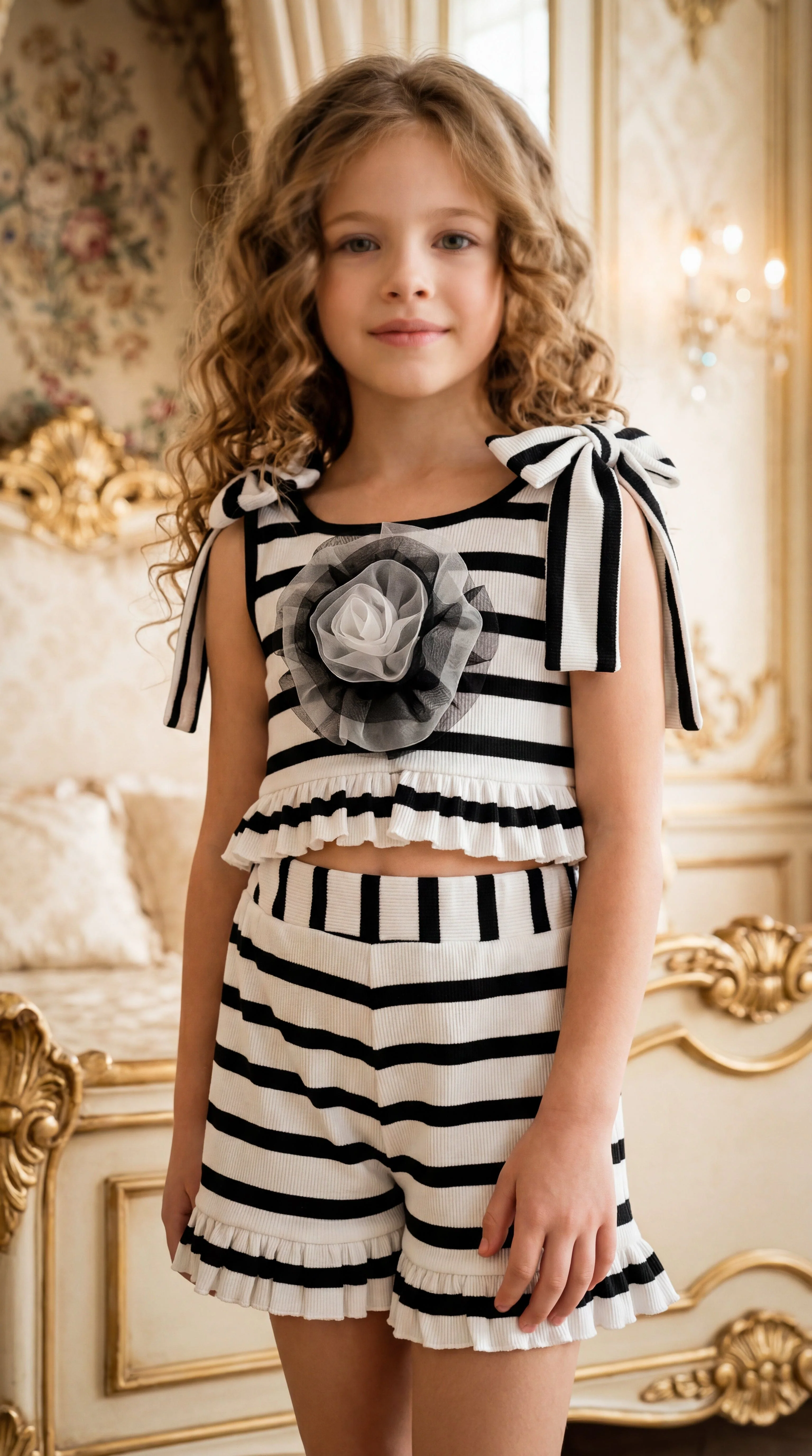 Monaco Black and White Striped Girls' Top and Shorts Set - Image 2