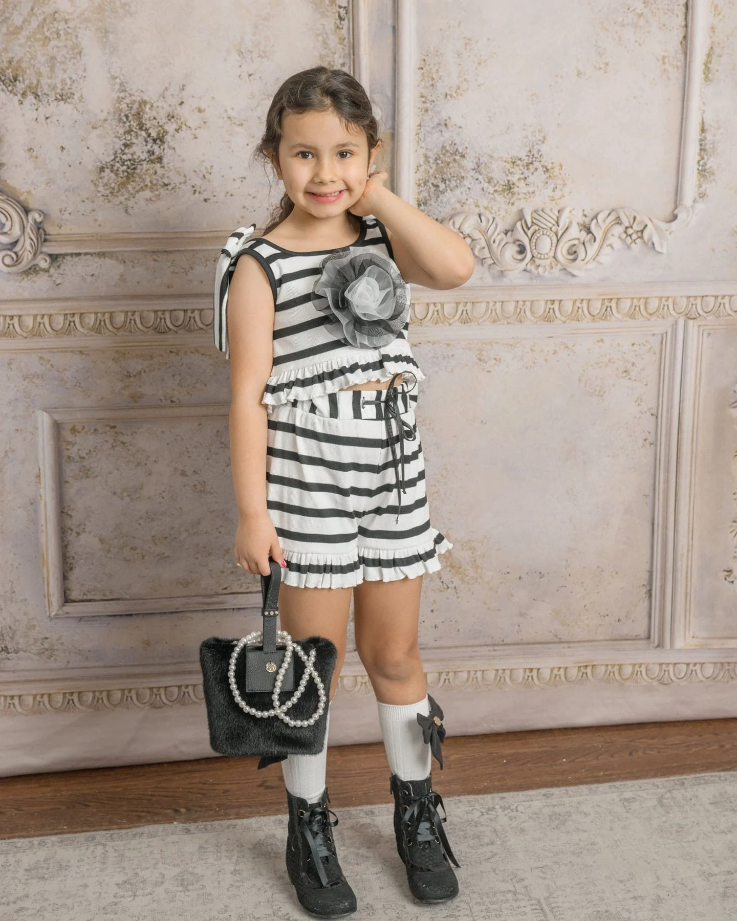 Monaco Black and White Striped Girls' Top and Shorts Set - Image 3