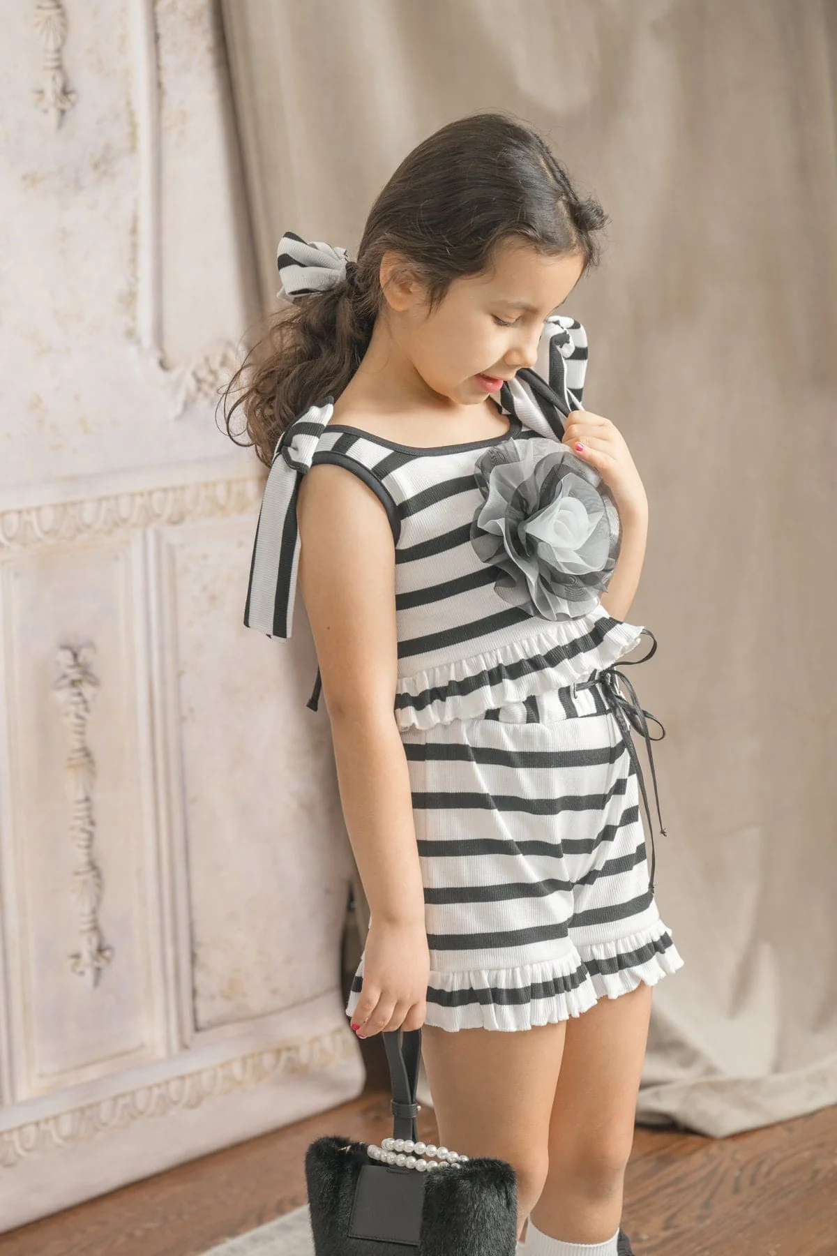 Monaco Black and White Striped Girls' Top and Shorts Set - Image 4