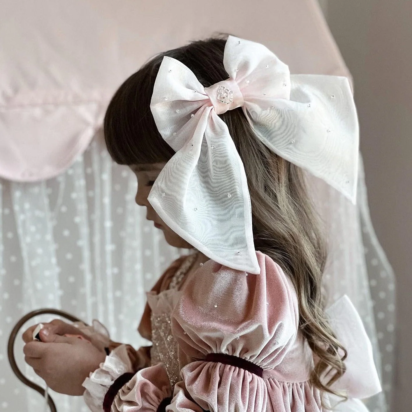 Juliette Pink Organza Hair Bow - Image 3