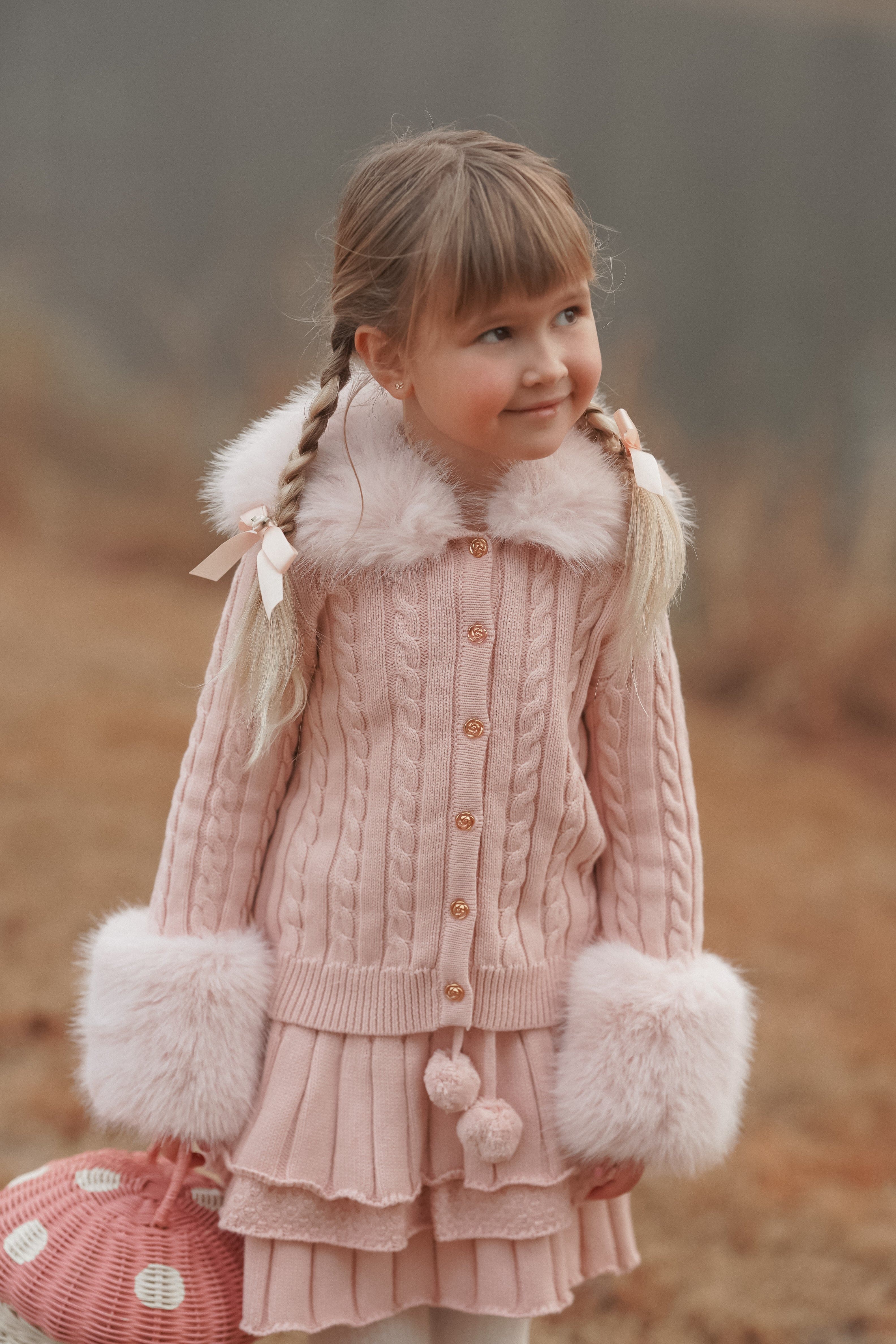 Pink Cableknit Faux Fur Cotton Cardigan - Image 4