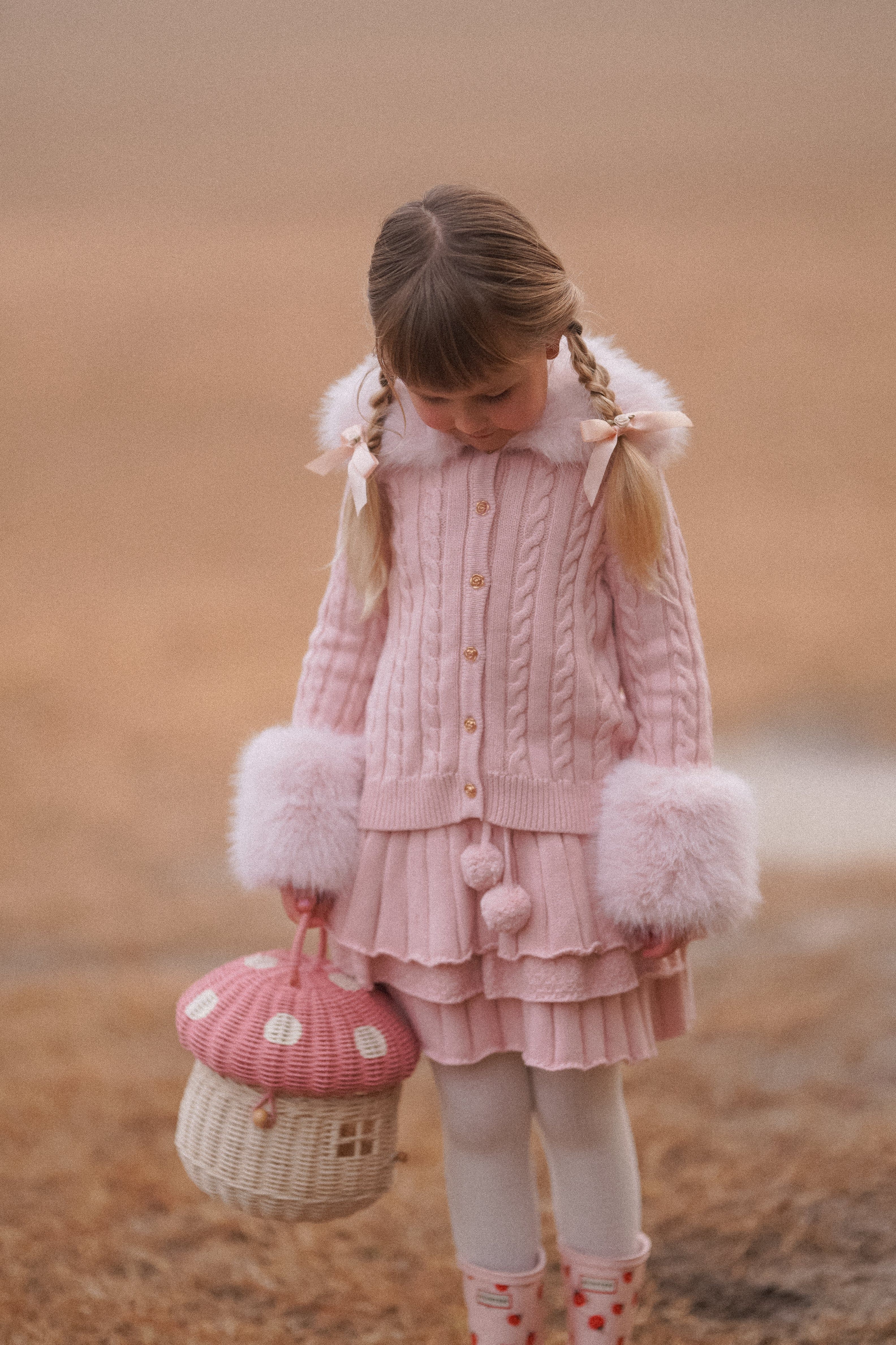Pink Cableknit Faux Fur Cotton Cardigan - Image 5