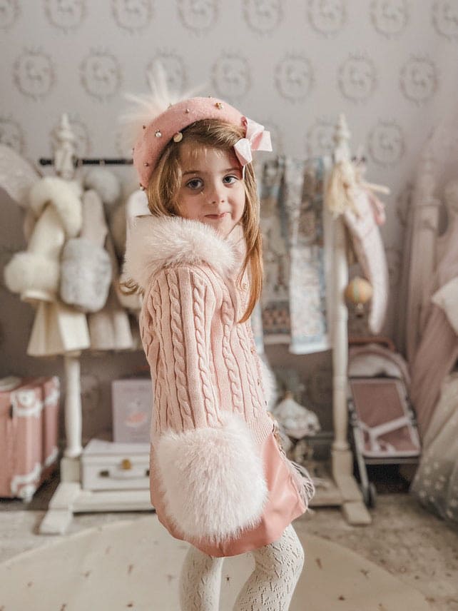 Pink Cableknit Faux Fur Cotton Cardigan - Image 8