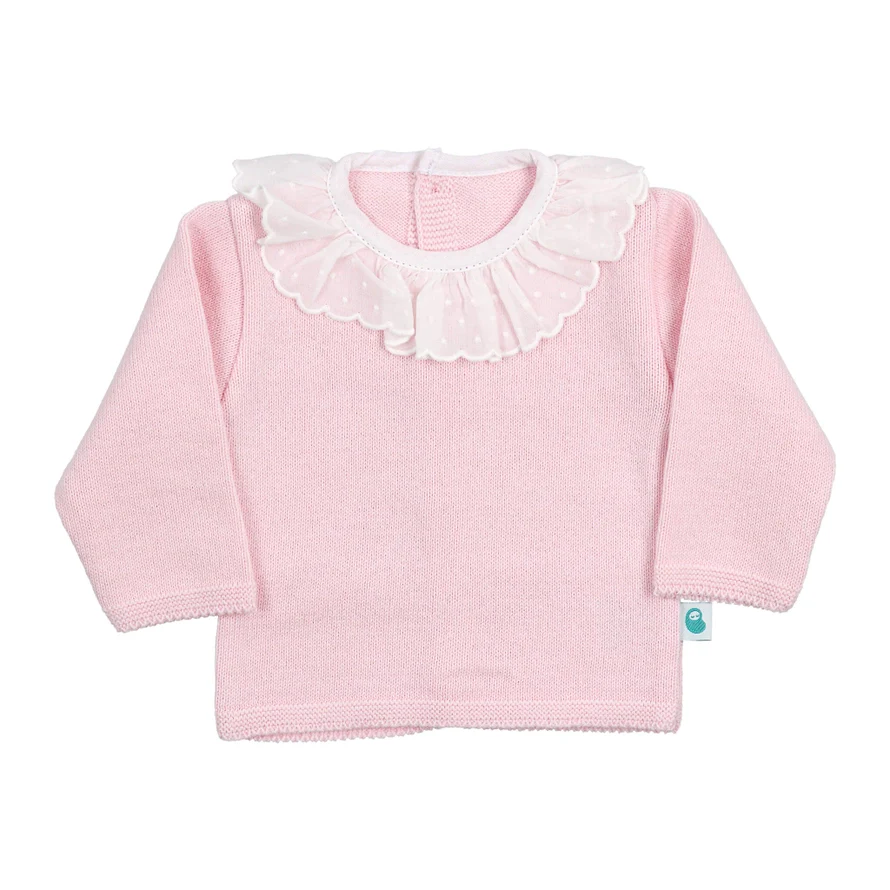 Pink Knit Sweater and Pants Set with White Ruffle Collar - Image 2