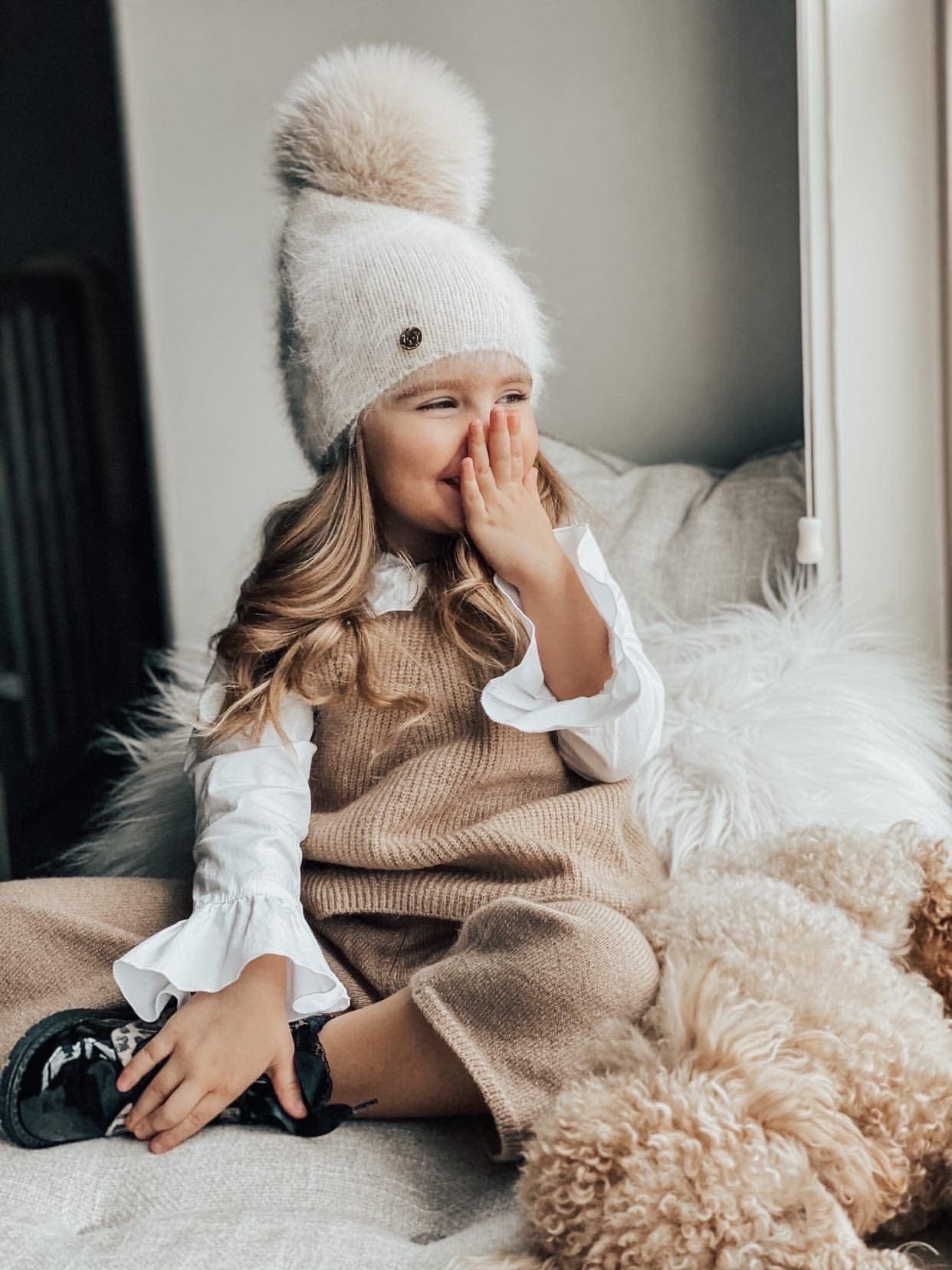 Vanya Beige Cashmere Kids' Fox Fur Beanie Hat - Image 16