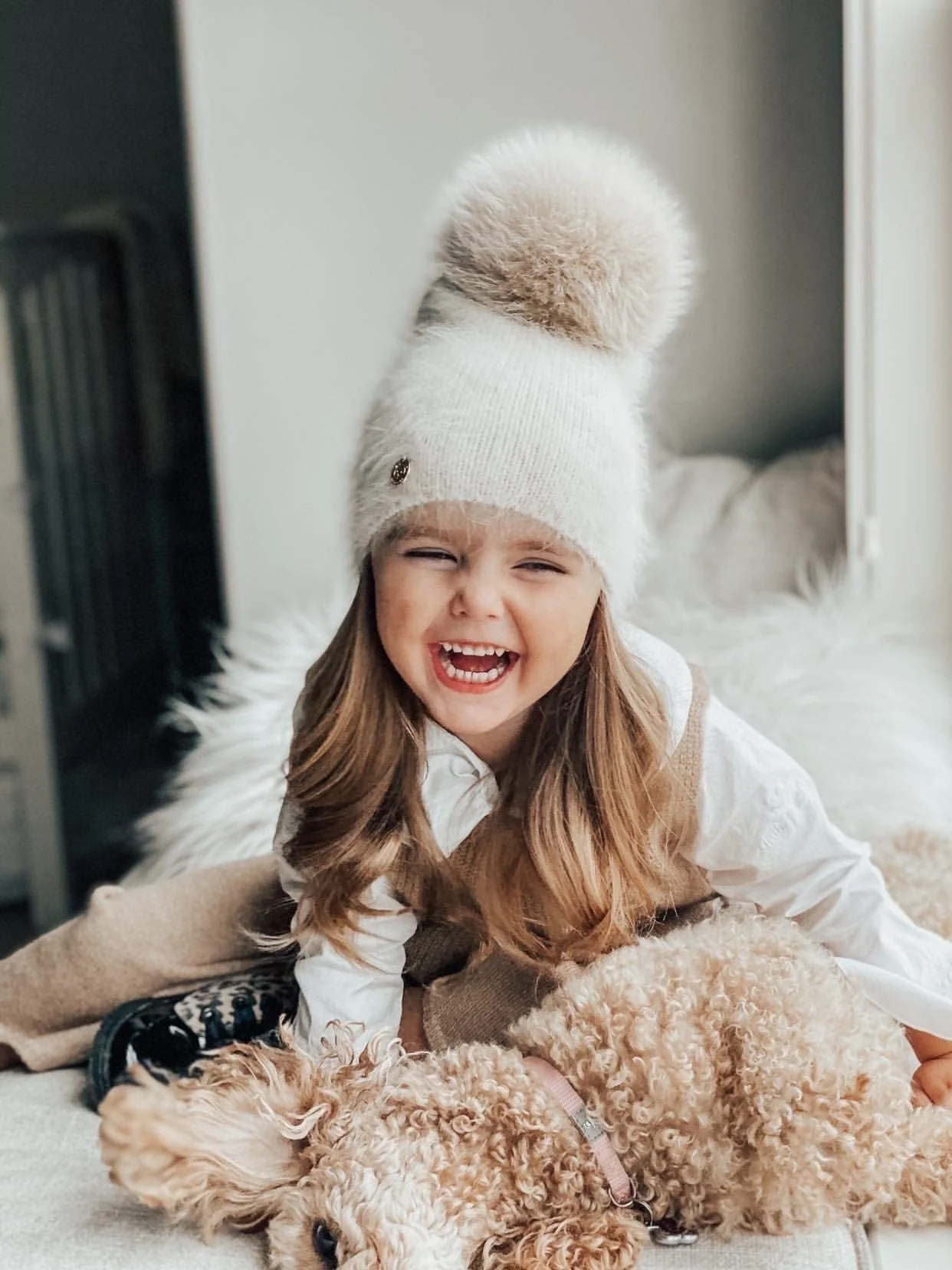 Vanya Beige Cashmere Kids' Fox Fur Beanie Hat - Image 19