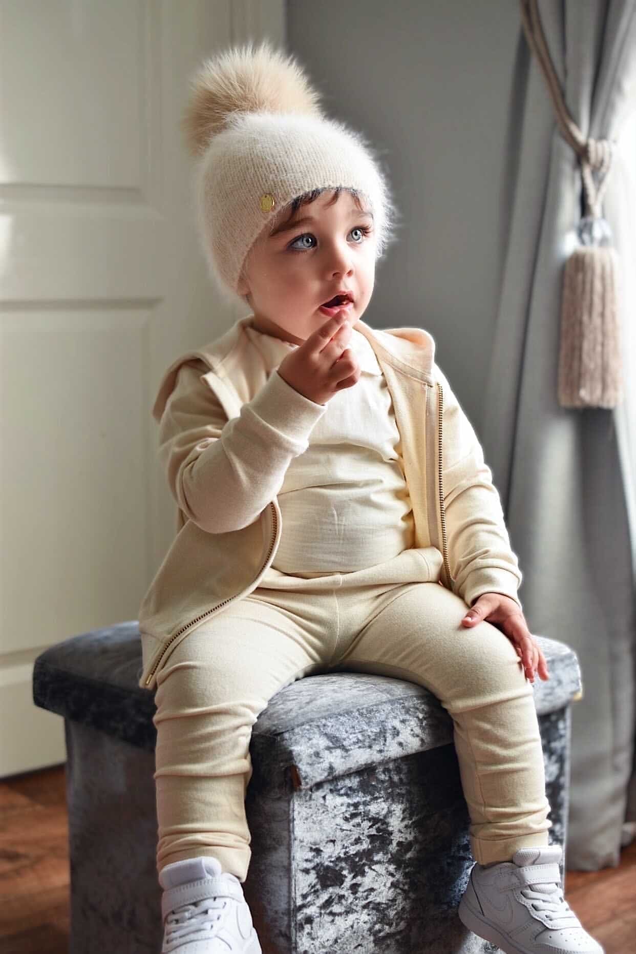 Vanya Beige Cashmere Kids' Fox Fur Beanie Hat - Image 23