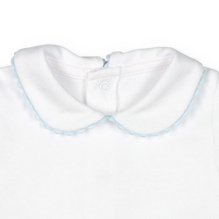 White Bodysuit Long Sleeve Onesie with Baby Blue Peter Pan Collar - Image 2