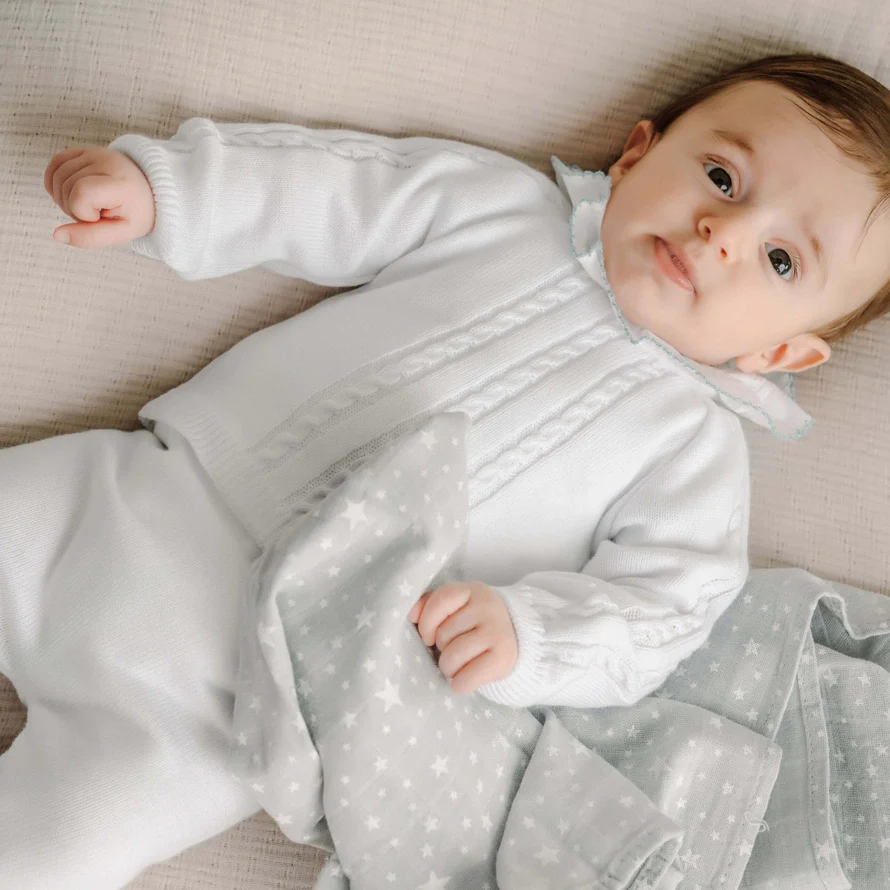 White Cotton Knit Sweater and Pants Set - Image 2