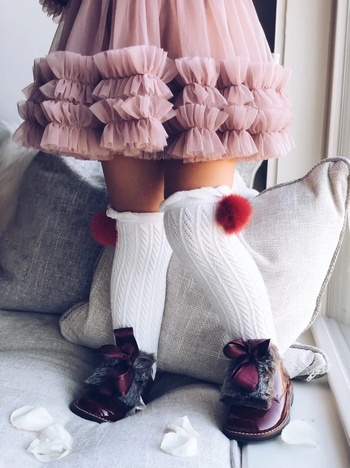 White Knee High Socks with Poms - Image 10