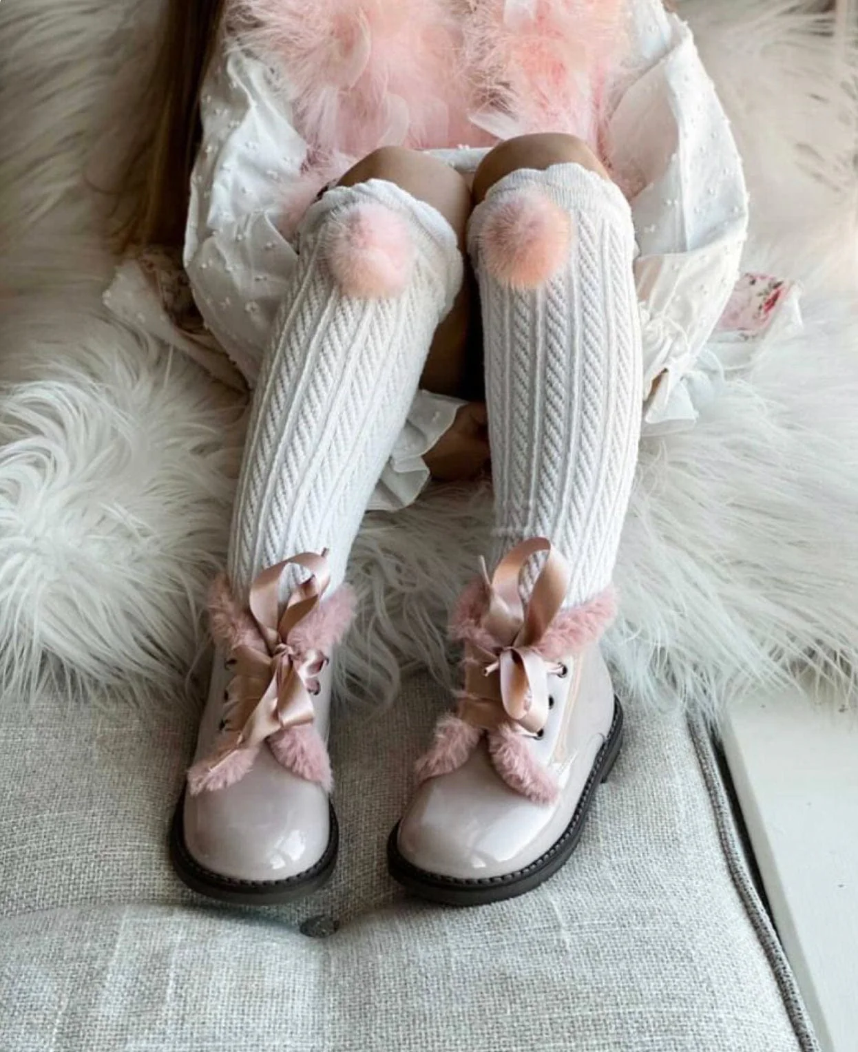 White Knee High Socks with Poms - Image 14