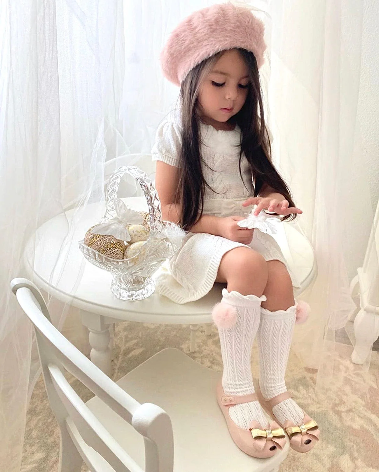 White Knee High Socks with Poms - Image 15