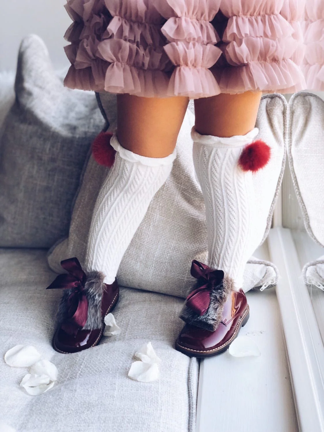 White Knee High Socks with Poms - Image 3