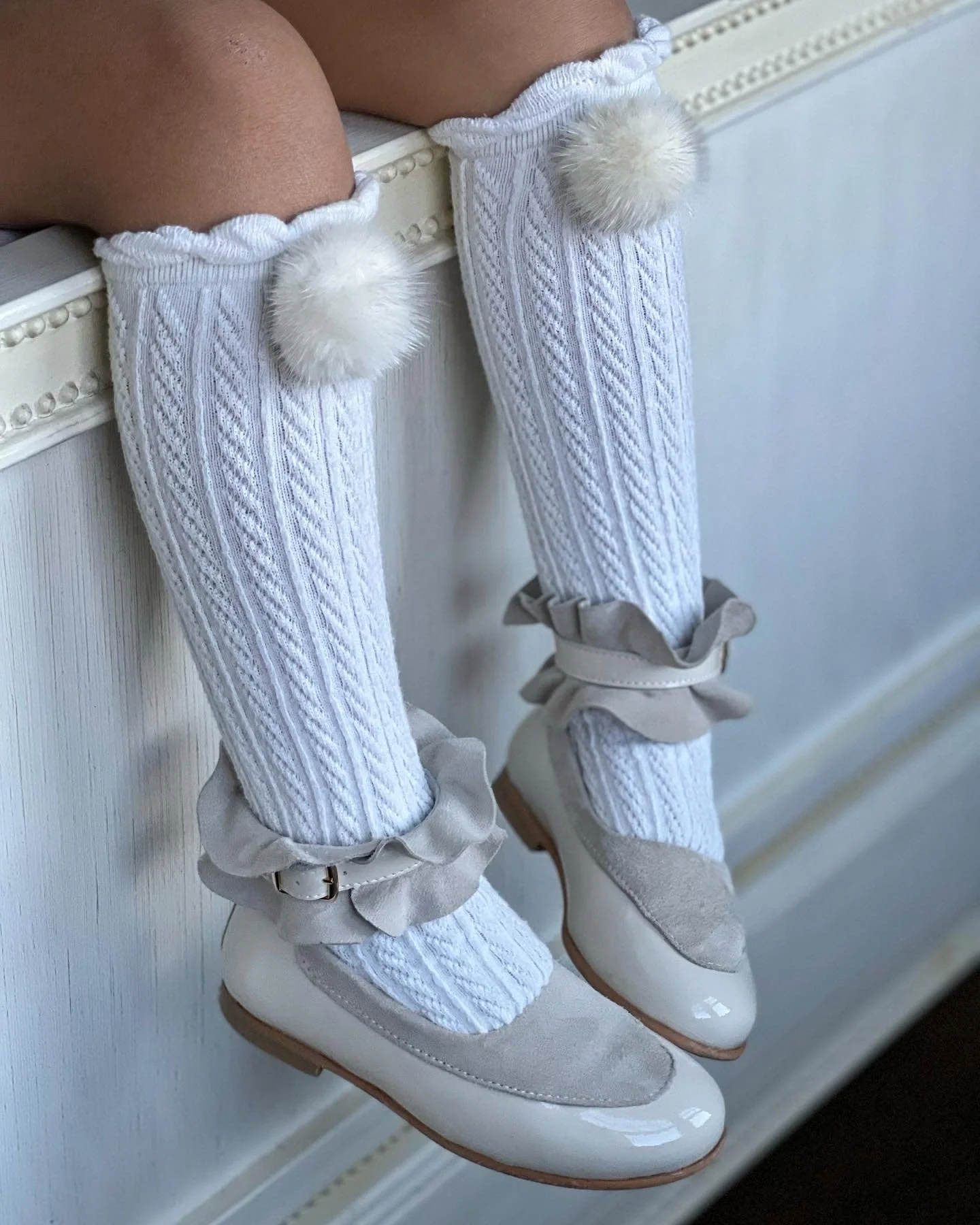 White Knee High Socks with Poms - Image 4